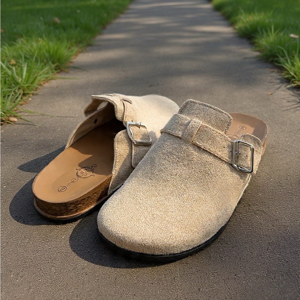 Women’s Beige Suede Mule Clogs with Buckle